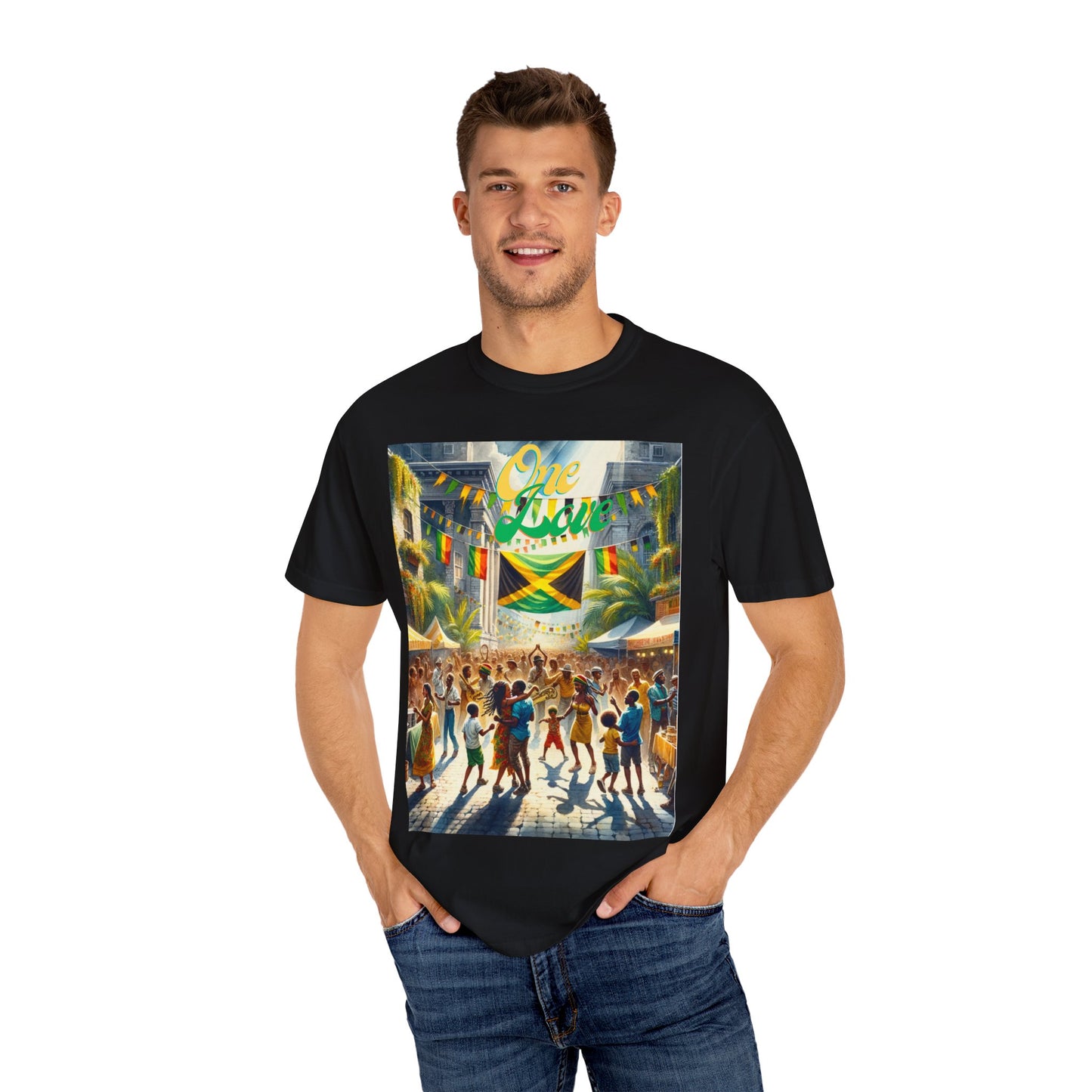 Unisex Garment-Dyed T-shirt one Love celebrating Jamaica Independece