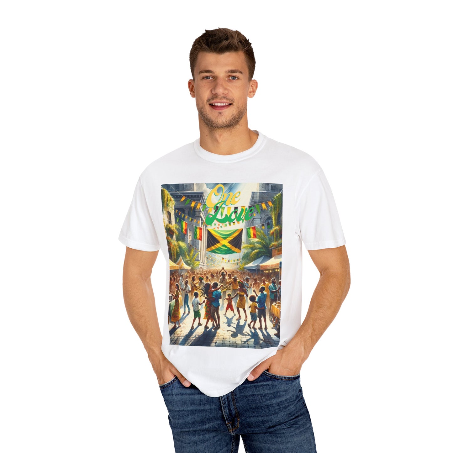Unisex Garment-Dyed T-shirt one Love celebrating Jamaica Independece