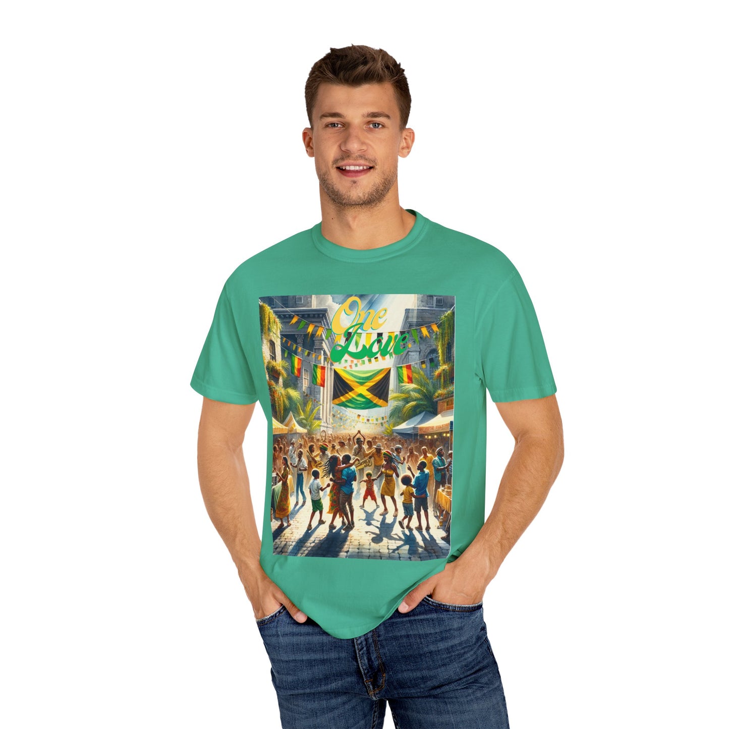 Unisex Garment-Dyed T-shirt one Love celebrating Jamaica Independece