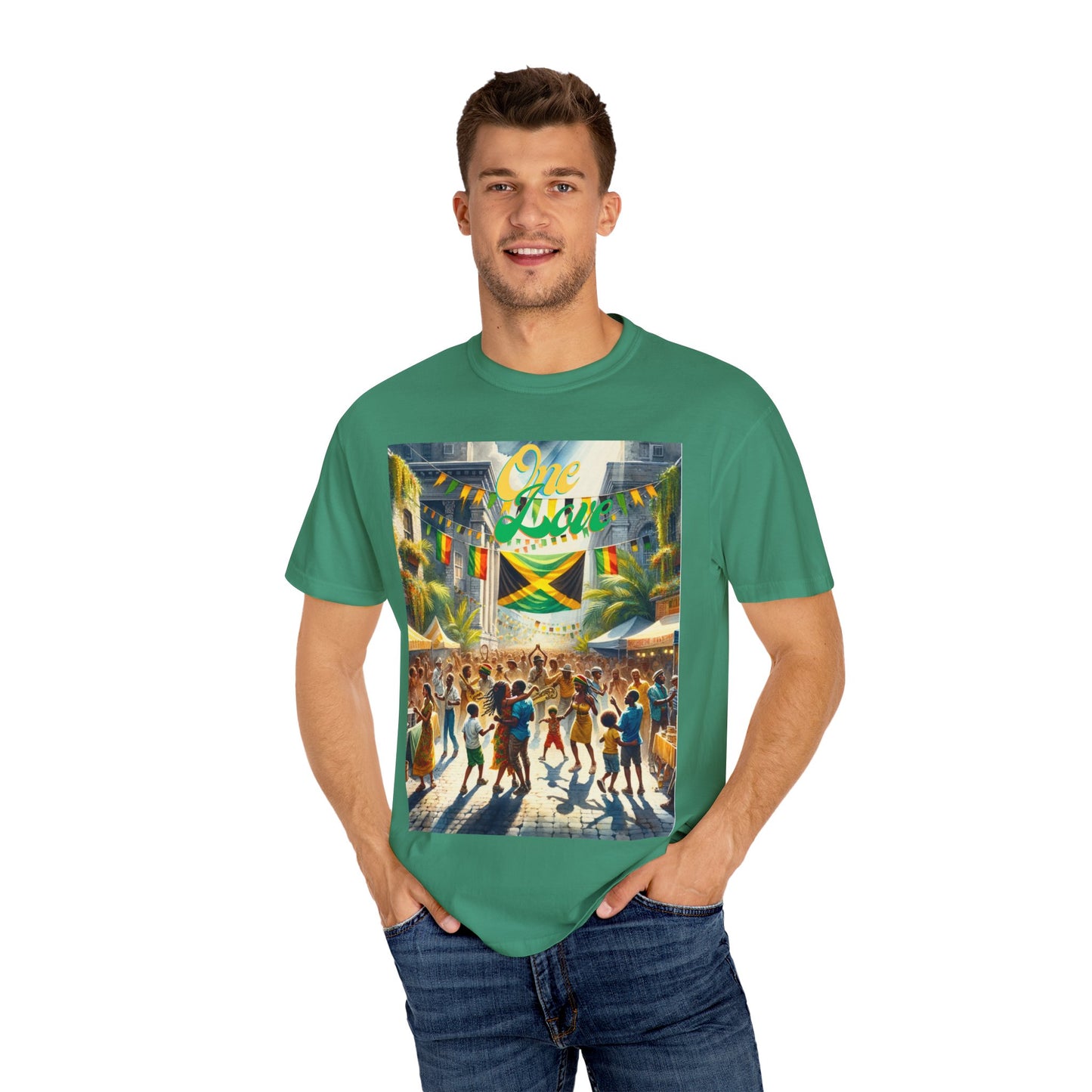 Unisex Garment-Dyed T-shirt one Love celebrating Jamaica Independece