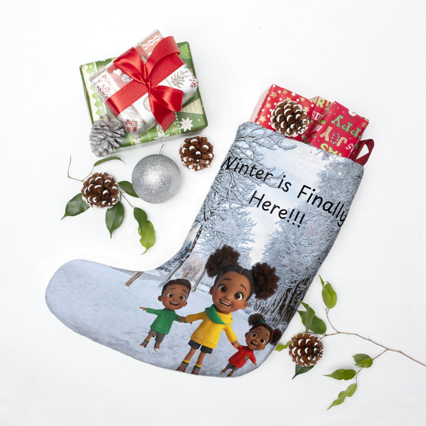 Kids Stockings, Holiday Decor, Afro American Children, Festive Mantel Ornament, Christmas Gift Bag, Black Santa Presents Sack, Xmas Home